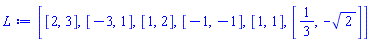[[2, 3], [-3, 1], [1, 2], [-1, -1], [1, 1], [1/3, -2^(1/2)]]