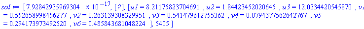 [7.928429359693041*10^(-17), Vector(7, {(1) = 0.1798504456e-8, (2) = -0.1393335225e-8, (3) = -0.7304805649e-9, (4) = 0.7992083439e-8, (5) = -0.1359651947e-8, (6) = 0.1542570516e-8, (7) = 0.2339469063e-8}), [u1 = 8.211758237046912, u2 = 1.8442345202064532, u3 = 12.033442054587029, v1 = .5526589984562774, v2 = .26313930832995064, v3 = .5414796127553622, v4 = 0.7943775626427665e-1, v5 = .2941739734925204, v6 = .485843681048224], 5405]