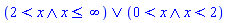 Or(And(2 < x, x <= infinity), And(0 < x, x < 2))