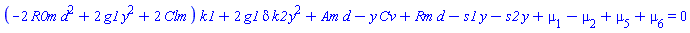 (-2*R0m*d^2+2*g1*y^2+2*Clm)*k1+2*g1*delta*k2*y^2+Am*d-y*Cv+Rm*d-s1*y-s2*y+mu[1]-mu[2]+mu[5]+mu[6] = 0