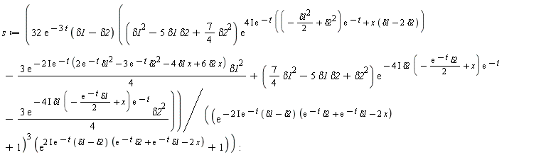 s := 32*exp(-3*t)*(delta1-delta2)*((delta1^2-5*delta1*delta2+(7/4)*delta2^2)*exp((4*I)*exp(-t)*((-(1/2)*delta1^2+delta2^2)*exp(-t)+x*(delta1-2*delta2)))-3*exp(-(2*I)*exp(-t)*(2*exp(-t)*delta1^2-3*exp(-t)*delta2^2-4*delta1*x+6*delta2*x))*delta1^2*(1/4)+((7/4)*delta1^2-5*delta1*delta2+delta2^2)*exp(-(4*I)*delta2*(-(1/2)*exp(-t)*delta2+x)*exp(-t))-3*exp(-(4*I)*delta1*(-(1/2)*exp(-t)*delta1+x)*exp(-t))*delta2^2*(1/4))/((exp(-(2*I)*exp(-t)*(delta1-delta2)*(exp(-t)*delta2+exp(-t)*delta1-2*x))+1)^3*(exp((2*I)*exp(-t)*(delta1-delta2)*(exp(-t)*delta2+exp(-t)*delta1-2*x))+1))