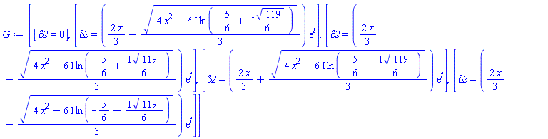 [[delta2 = 0], [delta2 = ((2/3)*x+(1/3)*(4*x^2-(6*I)*ln(-5/6+((1/6)*I)*119^(1/2)))^(1/2))*exp(t)], [delta2 = ((2/3)*x-(1/3)*(4*x^2-(6*I)*ln(-5/6+((1/6)*I)*119^(1/2)))^(1/2))*exp(t)], [delta2 = ((2/3)*x+(1/3)*(4*x^2-(6*I)*ln(-5/6-((1/6)*I)*119^(1/2)))^(1/2))*exp(t)], [delta2 = ((2/3)*x-(1/3)*(4*x^2-(6*I)*ln(-5/6-((1/6)*I)*119^(1/2)))^(1/2))*exp(t)]]