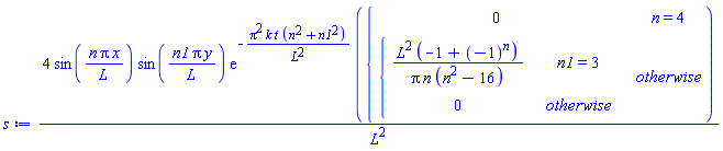 4*sin(n*Pi*x/L)*sin(n1*Pi*y/L)*exp(-Pi^2*k*t*(n^2+n1^2)/L^2)*piecewise(n = 4, 0, piecewise(n1 = 3, L^2*(-1+(-1)^n)/(Pi*n*(n^2-16)), 0))/L^2