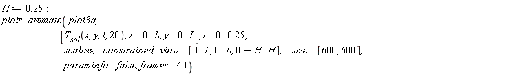 H := .25; plots:-animate(plot3d, [T__sol(x, y, t, 20), x = 0 .. L, y = 0 .. L], t = 0 .. .25, scaling = constrained, view = [0 .. L, 0 .. L, 0-H .. H], size = [600, 600], paraminfo = false, frames = 40)