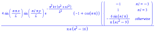 4*sin(n*Pi*x/L)*sin(n1*Pi*y/L)*exp(-Pi^2*k*t*(n^2+n1^2)/L^2)*(-1+cos(n*Pi))*piecewise(n1 = -3, -1, n1 = 3, 1, -6*sin(n1*Pi)/(Pi*(n1^2-9)))/(Pi*n*(n^2-16))