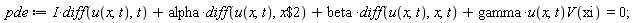 pde := I*(diff(u(x, t), t))+alpha*(diff(u(x, t), `$`(x, 2)))+beta*(diff(u(x, t), x, t))+gamma*u(x, t)*V(xi) = 0