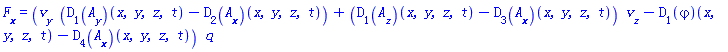F__x = (v__y(x, y, z, t)*((D[1](A__y))(x, y, z, t)-(D[2](A__x))(x, y, z, t))+((D[1](A__z))(x, y, z, t)-(D[3](A__x))(x, y, z, t))*v__z(x, y, z, t)-(D[1](varphi))(x, y, z, t)-(D[4](A__x))(x, y, z, t))*q