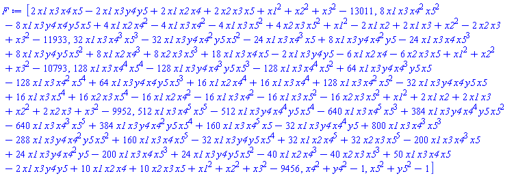 [2*x1*x3*x4*x5-2*x1*x3*y4*y5+2*x1*x2*x4+2*x2*x3*x5+x1^2+x2^2+x3^2-13011, 8*x1*x3*x4^2*x5^2-8*x1*x3*x4*x5*y4*y5+4*x1*x2*x4^2-4*x1*x3*x4^2-4*x1*x3*x5^2+4*x2*x3*x5^2+x1^2-2*x1*x2+2*x1*x3+x2^2-2*x2*x3+x3^2-11933, 32*x1*x3*x4^3*x5^3-32*x1*x3*x4^2*x5^2*y4*y5-24*x1*x3*x4^3*x5+8*x1*x3*x4^2*y4*y5-24*x1*x3*x4*x5^3+8*x1*x3*x5^2*y4*y5+8*x1*x2*x4^3+8*x2*x3*x5^3+18*x1*x3*x4*x5-2*x1*x3*y4*y5-6*x1*x2*x4-6*x2*x3*x5+x1^2+x2^2+x3^2-10793, 128*x1*x3*x4^4*x5^4-128*x1*x3*x4^3*x5^3*y4*y5-128*x1*x3*x4^4*x5^2+64*x1*x3*x4^3*x5*y4*y5-128*x1*x3*x4^2*x5^4+64*x1*x3*x4*x5^3*y4*y5+16*x1*x2*x4^4+16*x1*x3*x4^4+128*x1*x3*x4^2*x5^2-32*x1*x3*x4*x5*y4*y5+16*x1*x3*x5^4+16*x2*x3*x5^4-16*x1*x2*x4^2-16*x1*x3*x4^2-16*x1*x3*x5^2-16*x2*x3*x5^2+x1^2+2*x1*x2+2*x1*x3+x2^2+2*x2*x3+x3^2-9952, 512*x1*x3*x4^5*x5^5-512*x1*x3*x4^4*x5^4*y4*y5-640*x1*x3*x4^5*x5^3+384*x1*x3*x4^4*x5^2*y4*y5-640*x1*x3*x4^3*x5^5+384*x1*x3*x4^2*x5^4*y4*y5+160*x1*x3*x4^5*x5-32*x1*x3*x4^4*y4*y5+800*x1*x3*x4^3*x5^3-288*x1*x3*x4^2*x5^2*y4*y5+160*x1*x3*x4*x5^5-32*x1*x3*x5^4*y4*y5+32*x1*x2*x4^5+32*x2*x3*x5^5-200*x1*x3*x4^3*x5+24*x1*x3*x4^2*y4*y5-200*x1*x3*x4*x5^3+24*x1*x3*x5^2*y4*y5-40*x1*x2*x4^3-40*x2*x3*x5^3+50*x1*x3*x4*x5-2*x1*x3*y4*y5+10*x1*x2*x4+10*x2*x3*x5+x1^2+x2^2+x3^2-9456, x4^2+y4^2-1, x5^2+y5^2-1]