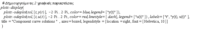 plots:-display(plots:-odeplot(sol, [t, y(t)], -2*Pi .. 2*Pi, color = blue, legend = ["y(t)"]), plots:-odeplot(sol, [t, u(t)], -2*Pi .. 2*Pi, color = red, linestyle = [dash], legend = ["u(t)"]), labels = ["t", "y(t), u(t)"], title = "Component curve solutions ", axes = boxed, legendstyle = [location = right, font = [Helvetica, 10]])