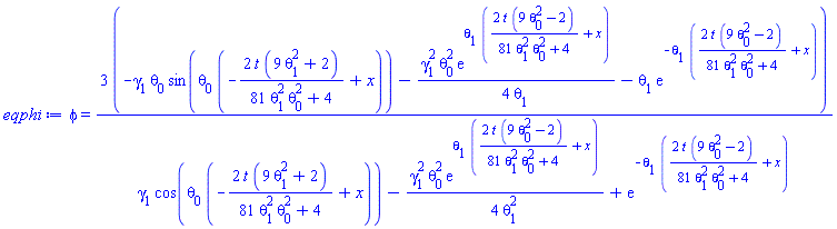 phi(x, t) = 3*(-gamma[1]*theta[0]*sin(theta[0]*(-2*t*(9*theta[1]^2+2)/(81*theta[0]^2*theta[1]^2+4)+x))-(1/4)*gamma[1]^2*theta[0]^2*exp(theta[1]*(2*t*(9*theta[0]^2-2)/(81*theta[0]^2*theta[1]^2+4)+x))/theta[1]-theta[1]*exp(-theta[1]*(2*t*(9*theta[0]^2-2)/(81*theta[0]^2*theta[1]^2+4)+x)))/(gamma[1]*cos(theta[0]*(-2*t*(9*theta[1]^2+2)/(81*theta[0]^2*theta[1]^2+4)+x))-(1/4)*gamma[1]^2*theta[0]^2*exp(theta[1]*(2*t*(9*theta[0]^2-2)/(81*theta[0]^2*theta[1]^2+4)+x))/theta[1]^2+exp(-theta[1]*(2*t*(9*theta[0]^2-2)/(81*theta[0]^2*theta[1]^2+4)+x)))