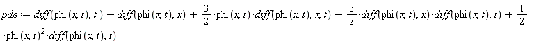 pde := diff(phi(x, t), t)+diff(phi(x, t), x)+(3/2)*phi(x, t)*(diff(phi(x, t), x, t))-(3/2)*(diff(phi(x, t), x))*(diff(phi(x, t), t))+(1/2)*phi(x, t)^2*(diff(phi(x, t), t))