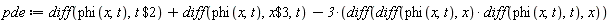 pde := diff(phi(x, t), `$`(t, 2))+diff(phi(x, t), `$`(x, 3), t)-3*(diff((diff(phi(x, t), x))*(diff(phi(x, t), t)), x))