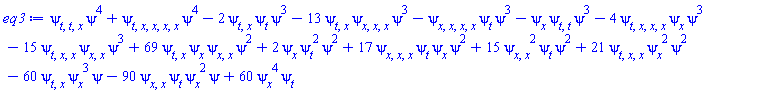 (diff(diff(diff(psi(x, t), t), t), x))*psi(x, t)^4+(diff(diff(diff(diff(diff(psi(x, t), t), x), x), x), x))*psi(x, t)^4-2*(diff(diff(psi(x, t), t), x))*(diff(psi(x, t), t))*psi(x, t)^3-13*(diff(diff(psi(x, t), t), x))*(diff(diff(diff(psi(x, t), x), x), x))*psi(x, t)^3-(diff(diff(diff(diff(psi(x, t), x), x), x), x))*(diff(psi(x, t), t))*psi(x, t)^3-(diff(psi(x, t), x))*(diff(diff(psi(x, t), t), t))*psi(x, t)^3-4*(diff(diff(diff(diff(psi(x, t), t), x), x), x))*(diff(psi(x, t), x))*psi(x, t)^3-15*(diff(diff(diff(psi(x, t), t), x), x))*(diff(diff(psi(x, t), x), x))*psi(x, t)^3+69*(diff(diff(psi(x, t), t), x))*(diff(psi(x, t), x))*(diff(diff(psi(x, t), x), x))*psi(x, t)^2+2*(diff(psi(x, t), x))*(diff(psi(x, t), t))^2*psi(x, t)^2+17*(diff(diff(diff(psi(x, t), x), x), x))*(diff(psi(x, t), t))*(diff(psi(x, t), x))*psi(x, t)^2+15*(diff(diff(psi(x, t), x), x))^2*(diff(psi(x, t), t))*psi(x, t)^2+21*(diff(diff(diff(psi(x, t), t), x), x))*(diff(psi(x, t), x))^2*psi(x, t)^2-60*(diff(diff(psi(x, t), t), x))*(diff(psi(x, t), x))^3*psi(x, t)-90*(diff(diff(psi(x, t), x), x))*(diff(psi(x, t), t))*(diff(psi(x, t), x))^2*psi(x, t)+60*(diff(psi(x, t), x))^4*(diff(psi(x, t), t))