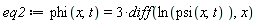 eq2 := phi(x, t) = 3*(diff(ln(psi(x, t)), x))