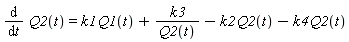 diff(Q2(t), t) = k1*Q1(t)+k3/Q2(t)-k2*Q2(t)-k4*Q2(t)