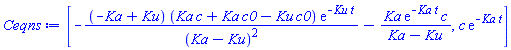 [-(-Ka+Ku)*(Ka*c+Ka*c0-Ku*c0)*exp(-Ku*t)/(Ka-Ku)^2-Ka*exp(-Ka*t)*c/(Ka-Ku), c*exp(-Ka*t)]