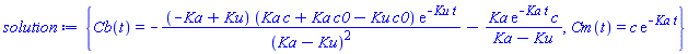 {Cb(t) = -(-Ka+Ku)*(Ka*c+Ka*c0-Ku*c0)*exp(-Ku*t)/(Ka-Ku)^2-Ka*exp(-Ka*t)*c/(Ka-Ku), Cm(t) = c*exp(-Ka*t)}