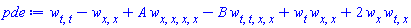diff(diff(w(x, t), t), t)-(diff(diff(w(x, t), x), x))+A*(diff(diff(diff(diff(w(x, t), x), x), x), x))-B*(diff(diff(diff(diff(w(x, t), t), t), x), x))+(diff(w(x, t), t))*(diff(diff(w(x, t), x), x))+2*(diff(w(x, t), x))*(diff(diff(w(x, t), t), x))