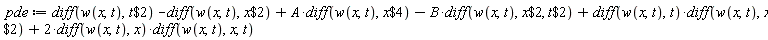 pde := diff(w(x, t), `$`(t, 2))-(diff(w(x, t), `$`(x, 2)))+A*(diff(w(x, t), `$`(x, 4)))-B*(diff(w(x, t), `$`(x, 2), `$`(t, 2)))+(diff(w(x, t), t))*(diff(w(x, t), `$`(x, 2)))+2*(diff(w(x, t), x))*(diff(w(x, t), x, t))