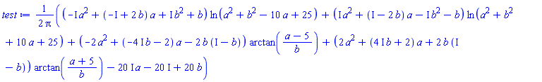 (1/2)*((-I*a^2+(-I+2*b)*a+I*b^2+b)*ln(a^2+b^2-10*a+25)+(I*a^2+(I-2*b)*a-I*b^2-b)*ln(a^2+b^2+10*a+25)+(-2*a^2+(-(4*I)*b-2)*a-2*b*(I-b))*arctan((a-5)/b)+(2*a^2+((4*I)*b+2)*a+2*b*(I-b))*arctan((a+5)/b)-(20*I)*a-20*I+20*b)/Pi