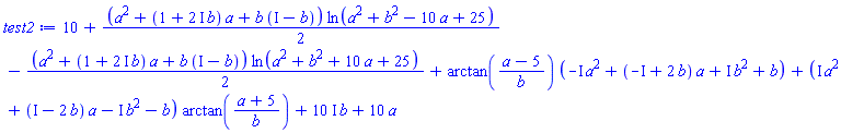 10+(1/2)*(a^2+(1+(2*I)*b)*a+b*(I-b))*ln(a^2+b^2-10*a+25)-(1/2)*(a^2+(1+(2*I)*b)*a+b*(I-b))*ln(a^2+b^2+10*a+25)+arctan((a-5)/b)*(-I*a^2+(-I+2*b)*a+I*b^2+b)+(I*a^2+(I-2*b)*a-I*b^2-b)*arctan((a+5)/b)+(10*I)*b+10*a