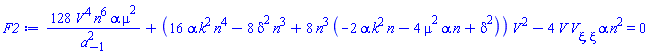 128*V(xi)^4*n^6*alpha*mu^2/a[-1]^2+(16*alpha*k^2*n^4-8*delta^2*n^3+8*n^3*(-2*alpha*k^2*n-4*alpha*mu^2*n+delta^2))*V(xi)^2-4*V(xi)*(diff(diff(V(xi), xi), xi))*alpha*n^2 = 0