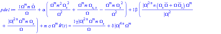 I*Omega(x, t)^m*m*(diff(Omega(x, t), t))/Omega(x, t)+alpha*(Omega(x, t)^m*m^2*(diff(Omega(x, t), x))^2/Omega(x, t)^2+Omega(x, t)^m*m*(diff(diff(Omega(x, t), x), x))/Omega(x, t)-Omega(x, t)^m*m*(diff(Omega(x, t), x))^2/Omega(x, t)^2)+I*beta*(abs(Omega(x, t))^(2*n)*n*((diff(Omega(x, t), x))*conjugate(Omega(x, t))+Omega(x, t)*(diff(conjugate(Omega(x, t)), x)))*Omega(x, t)^m/abs(Omega(x, t))^2+abs(Omega(x, t))^(2*n)*Omega(x, t)^m*m*(diff(Omega(x, t), x))/Omega(x, t))+m*sigma*Omega(x, t)^m*(diff(W(t), t)) = I*gamma*abs(Omega(x, t))^(2*n)*Omega(x, t)^m*m*(diff(Omega(x, t), x))/Omega(x, t)+delta*abs(Omega(x, t))^(4*n)*Omega(x, t)^m