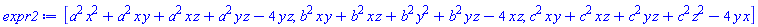 [a^2*x^2+a^2*x*y+a^2*x*z+a^2*y*z-4*y*z, b^2*x*y+b^2*x*z+b^2*y^2+b^2*y*z-4*x*z, c^2*x*y+c^2*x*z+c^2*y*z+c^2*z^2-4*x*y]