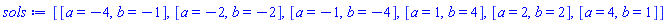 [[a = -4, b = -1], [a = -2, b = -2], [a = -1, b = -4], [a = 1, b = 4], [a = 2, b = 2], [a = 4, b = 1]]