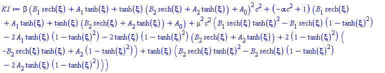 beta*(B[1]*sech(xi)+A[1]*tanh(xi)+tanh(xi)*(B[2]*sech(xi)+A[2]*tanh(xi))+A[0])^2*c^2+(-alpha*c^2+1)*(B[1]*sech(xi)+A[1]*tanh(xi)+tanh(xi)*(B[2]*sech(xi)+A[2]*tanh(xi))+A[0])+mu^2*c^2*(B[1]*sech(xi)*tanh(xi)^2-B[1]*sech(xi)*(1-tanh(xi)^2)-2*A[1]*tanh(xi)*(1-tanh(xi)^2)-2*tanh(xi)*(1-tanh(xi)^2)*(B[2]*sech(xi)+A[2]*tanh(xi))+2*(1-tanh(xi)^2)*(-B[2]*sech(xi)*tanh(xi)+A[2]*(1-tanh(xi)^2))+tanh(xi)*(B[2]*sech(xi)*tanh(xi)^2-B[2]*sech(xi)*(1-tanh(xi)^2)-2*A[2]*tanh(xi)*(1-tanh(xi)^2)))