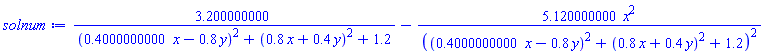 3.200000000/((.4000000000*x-.8*y)^2+(.8*x+.4*y)^2+1.2)-5.120000000*x^2/((.4000000000*x-.8*y)^2+(.8*x+.4*y)^2+1.2)^2