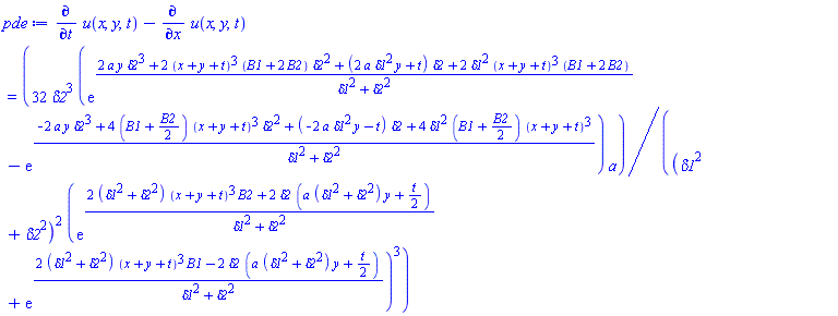 diff(u(x, y, t), t)-(diff(u(x, y, t), x)) = 32*delta2^3*(exp((2*a*y*delta2^3+2*(x+y+t)^3*(B1+2*B2)*delta2^2+(2*a*delta1^2*y+t)*delta2+2*delta1^2*(x+y+t)^3*(B1+2*B2))/(delta1^2+delta2^2))-exp((-2*a*y*delta2^3+4*(B1+(1/2)*B2)*(x+y+t)^3*delta2^2+(-2*a*delta1^2*y-t)*delta2+4*delta1^2*(B1+(1/2)*B2)*(x+y+t)^3)/(delta1^2+delta2^2)))*a/((delta1^2+delta2^2)^2*(exp((2*(delta1^2+delta2^2)*(x+y+t)^3*B2+2*delta2*(a*(delta1^2+delta2^2)*y+(1/2)*t))/(delta1^2+delta2^2))+exp((2*(delta1^2+delta2^2)*(x+y+t)^3*B1-2*delta2*(a*(delta1^2+delta2^2)*y+(1/2)*t))/(delta1^2+delta2^2)))^3)