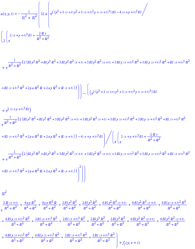 u(x, y, t) = -32*a*((1/2)*exp(2*(y^3+3*(x+t)*y^2+3*(x+t)^2*y+(x+t)^3)*B1-4*(x+y+t)^3*B1)/(exp(2*(x+y+t)^3*B1+2*delta2*x/(delta1^2+delta2^2))+exp(2*(B2*y^3*delta1^2+B2*y^3*delta2^2+3*B2*y^2*delta1^2*(x+t)+3*B2*y^2*delta2^2*(x+t)+3*B2*y*(x+t)^2*delta1^2+3*B2*y*(x+t)^2*delta2^2+B2*(x+t)^3*delta1^2+B2*(x+t)^3*delta2^2+2*y*a*delta1^2*delta2+2*a*y*delta2^3+delta2*(x+t))/(delta1^2+delta2^2)))-(1/4)*(exp(2*(y^3+3*(x+t)*y^2+3*(x+t)^2*y+(x+t)^3)*B1)+exp(2*(x+y+t)^3*B1))*exp(2*(B2*y^3*delta1^2+B2*y^3*delta2^2+3*B2*y^2*delta1^2*(x+t)+3*B2*y^2*delta2^2*(x+t)+3*B2*y*(x+t)^2*delta1^2+3*B2*y*(x+t)^2*delta2^2+B2*(x+t)^3*delta1^2+B2*(x+t)^3*delta2^2+2*y*a*delta1^2*delta2+2*a*y*delta2^3+delta2*(x+t))/(delta1^2+delta2^2)-4*(x+y+t)^3*B1)/(exp(2*(x+y+t)^3*B1+2*delta2*x/(delta1^2+delta2^2))+exp(2*(B2*y^3*delta1^2+B2*y^3*delta2^2+3*B2*y^2*delta1^2*(x+t)+3*B2*y^2*delta2^2*(x+t)+3*B2*y*(x+t)^2*delta1^2+3*B2*y*(x+t)^2*delta2^2+B2*(x+t)^3*delta1^2+B2*(x+t)^3*delta2^2+2*y*a*delta1^2*delta2+2*a*y*delta2^3+delta2*(x+t))/(delta1^2+delta2^2)))^2)*delta2^2*exp(2*delta2*(x+t)/(delta1^2+delta2^2)+4*a*y*delta2^3/(delta1^2+delta2^2)+4*y*a*delta1^2*delta2/(delta1^2+delta2^2)+2*B1*y^3*delta1^2/(delta1^2+delta2^2)+2*B1*y^3*delta2^2/(delta1^2+delta2^2)+6*B1*y^2*delta1^2*(x+t)/(delta1^2+delta2^2)+6*B1*y^2*delta2^2*(x+t)/(delta1^2+delta2^2)+6*B1*y*(x+t)^2*delta1^2/(delta1^2+delta2^2)+6*B1*y*(x+t)^2*delta2^2/(delta1^2+delta2^2)+2*B1*(x+t)^3*delta1^2/(delta1^2+delta2^2)+2*B1*(x+t)^3*delta2^2/(delta1^2+delta2^2)+2*B2*y^3*delta1^2/(delta1^2+delta2^2)+2*B2*y^3*delta2^2/(delta1^2+delta2^2)+6*B2*y^2*delta1^2*(x+t)/(delta1^2+delta2^2)+6*B2*y^2*delta2^2*(x+t)/(delta1^2+delta2^2)+6*B2*y*(x+t)^2*delta1^2/(delta1^2+delta2^2)+6*B2*y*(x+t)^2*delta2^2/(delta1^2+delta2^2)+2*B2*(x+t)^3*delta1^2/(delta1^2+delta2^2)+2*B2*(x+t)^3*delta2^2/(delta1^2+delta2^2))/(delta1^2+delta2^2)+f__1(y, x+t)