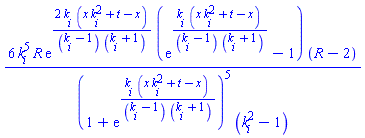 6*k[i]^5*R*exp(2*k[i]*(x*k[i]^2+t-x)/((k[i]-1)*(k[i]+1)))*(exp(k[i]*(x*k[i]^2+t-x)/((k[i]-1)*(k[i]+1)))-1)*(R-2)/((1+exp(k[i]*(x*k[i]^2+t-x)/((k[i]-1)*(k[i]+1))))^5*(k[i]^2-1))