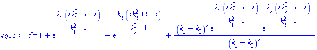 f(x, t) = 1+exp(k[1]*(x*k[1]^2+t-x)/(k[1]^2-1))+exp(k[2]*(x*k[2]^2+t-x)/(k[2]^2-1))+(k[1]-k[2])^2*exp(k[1]*(x*k[1]^2+t-x)/(k[1]^2-1))*exp(k[2]*(x*k[2]^2+t-x)/(k[2]^2-1))/(k[1]+k[2])^2