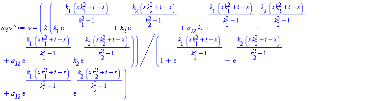 v(x, t) = 2*(k[1]*exp(k[1]*(x*k[1]^2+t-x)/(k[1]^2-1))+k[2]*exp(k[2]*(x*k[2]^2+t-x)/(k[2]^2-1))+a__12*k[1]*exp(k[1]*(x*k[1]^2+t-x)/(k[1]^2-1))*exp(k[2]*(x*k[2]^2+t-x)/(k[2]^2-1))+a__12*exp(k[1]*(x*k[1]^2+t-x)/(k[1]^2-1))*k[2]*exp(k[2]*(x*k[2]^2+t-x)/(k[2]^2-1)))/(1+exp(k[1]*(x*k[1]^2+t-x)/(k[1]^2-1))+exp(k[2]*(x*k[2]^2+t-x)/(k[2]^2-1))+a__12*exp(k[1]*(x*k[1]^2+t-x)/(k[1]^2-1))*exp(k[2]*(x*k[2]^2+t-x)/(k[2]^2-1)))