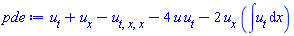 diff(u(x, t), t)+diff(u(x, t), x)-(diff(diff(diff(u(x, t), t), x), x))-4*u(x, t)*(diff(u(x, t), t))-2*(diff(u(x, t), x))*(int(diff(u(x, t), t), x))