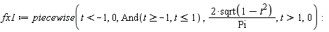 fx1 := piecewise(t < -1, 0, And(t >= -1, t <= 1), 2*sqrt(-t^2+1)/Pi, t > 1, 0)
