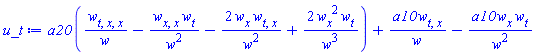 a20*((diff(diff(diff(w(x, t), t), x), x))/w(x, t)-(diff(diff(w(x, t), x), x))*(diff(w(x, t), t))/w(x, t)^2-2*(diff(w(x, t), x))*(diff(diff(w(x, t), t), x))/w(x, t)^2+2*(diff(w(x, t), x))^2*(diff(w(x, t), t))/w(x, t)^3)+a10*(diff(diff(w(x, t), t), x))/w(x, t)-a10*(diff(w(x, t), x))*(diff(w(x, t), t))/w(x, t)^2