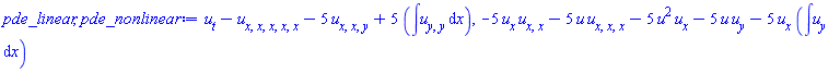 diff(u(x, y, t), t)-(diff(diff(diff(diff(diff(u(x, y, t), x), x), x), x), x))-5*(diff(diff(diff(u(x, y, t), x), x), y))+5*(int(diff(diff(u(x, y, t), y), y), x)), -5*(diff(u(x, y, t), x))*(diff(diff(u(x, y, t), x), x))-5*u(x, y, t)*(diff(diff(diff(u(x, y, t), x), x), x))-5*u(x, y, t)^2*(diff(u(x, y, t), x))-5*u(x, y, t)*(diff(u(x, y, t), y))-5*(diff(u(x, y, t), x))*(int(diff(u(x, y, t), y), x))