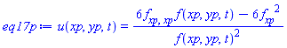 u(xp, yp, t) = (6*(diff(diff(f(xp, yp, t), xp), xp))*f(xp, yp, t)-6*(diff(f(xp, yp, t), xp))^2)/f(xp, yp, t)^2