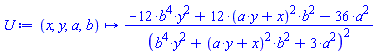 proc (x, y, a, b) options operator, arrow; (-12*b^4*y^2+12*(a*y+x)^2*b^2-36*a^2)/(b^4*y^2+(a*y+x)^2*b^2+3*a^2)^2 end proc