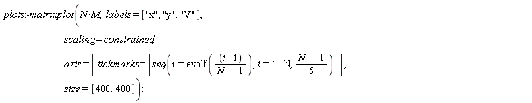 plots:-matrixplot(N*M, labels = ["x", "y", "V"], scaling = constrained, axis = [tickmarks = [seq(i = evalf((i-1)/(N-1)), i = 1 .. N, (N-1)*(1/5))]], size = [400, 400])