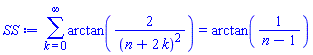 sum(arctan(2/(n+2*k)^2), k = 0 .. infinity) = arctan(1/(n-1))