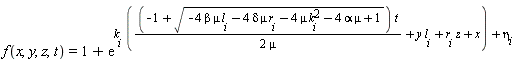 f(x, y, z, t) = 1+exp(k[i]*((-1+sqrt(-4*beta*mu*l[i]-4*delta*mu*r[i]-4*mu*k[i]^2-4*alpha*mu+1))*t/(2*mu)+y*l[i]+r[i]*z+x)+eta[i])