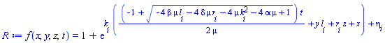 f(x, y, z, t) = 1+exp(k[i]*((1/2)*(-1+(-4*beta*mu*l[i]-4*delta*mu*r[i]-4*mu*k[i]^2-4*alpha*mu+1)^(1/2))*t/mu+y*l[i]+r[i]*z+x)+eta[i])