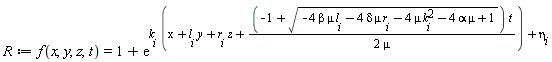 R := f(x, y, z, t) = 1+exp(k[i]*((-1+sqrt(-4*beta*mu*l[i]-4*delta*mu*r[i]-4*mu*k[i]^2-4*alpha*mu+1))*t/(2*mu)+y*l[i]+r[i]*z+x)+eta[i])