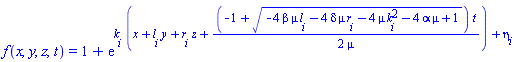 f(x, y, z, t) = 1+exp(k[i]*(x+l[i]*y+r[i]*z+(1/2)*(-1+(-4*beta*mu*l[i]-4*delta*mu*r[i]-4*mu*k[i]^2-4*alpha*mu+1)^(1/2))*t/mu)+eta[i])