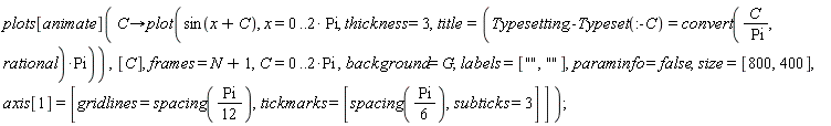 plots[animate](proc (C) options operator, arrow; plot(sin(x+C), x = 0 .. 2*Pi, thickness = 3, title = (Typesetting:-Typeset(:-C) = convert(C/Pi, rational)*Pi)) end proc, [C], frames = N+1, C = 0 .. 2*Pi, background = G, labels = ["", ""], paraminfo = false, size = [800, 400], axis[1] = [gridlines = spacing((1/12)*Pi), tickmarks = [spacing((1/6)*Pi), subticks = 3]])