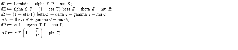 dS := -P*S*alpha-S*mu+Lambda; dE := alpha*S*P-(-T*eta+1)*beta*E-theta*E-mu*E; dI := (-T*eta+1)*beta*E-delta*I-gamma*I-mu*I; dR := E*theta+I*gamma-R*mu; dP := -P*T*sigma+I*xi-P*tau; dT := r*T*(1-T/K)-phi*T